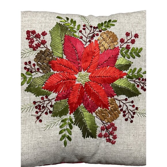 Decorative 16" Embroidered Christmas Throw Pillow Poinsettia Pinecone Design - Picture 2 of 5